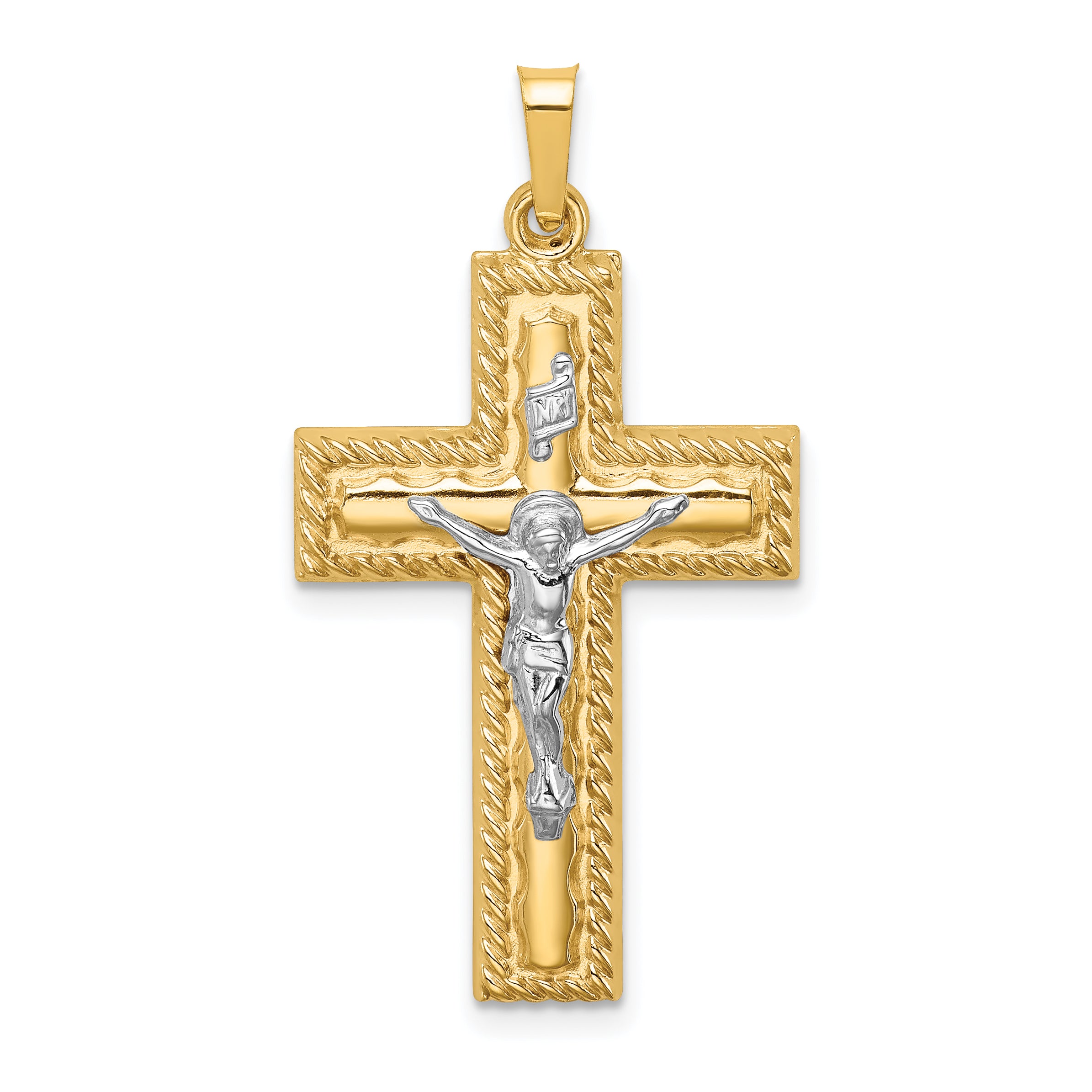 14k Two-tone Hollow Polished Rope Edge Latin Crucifix