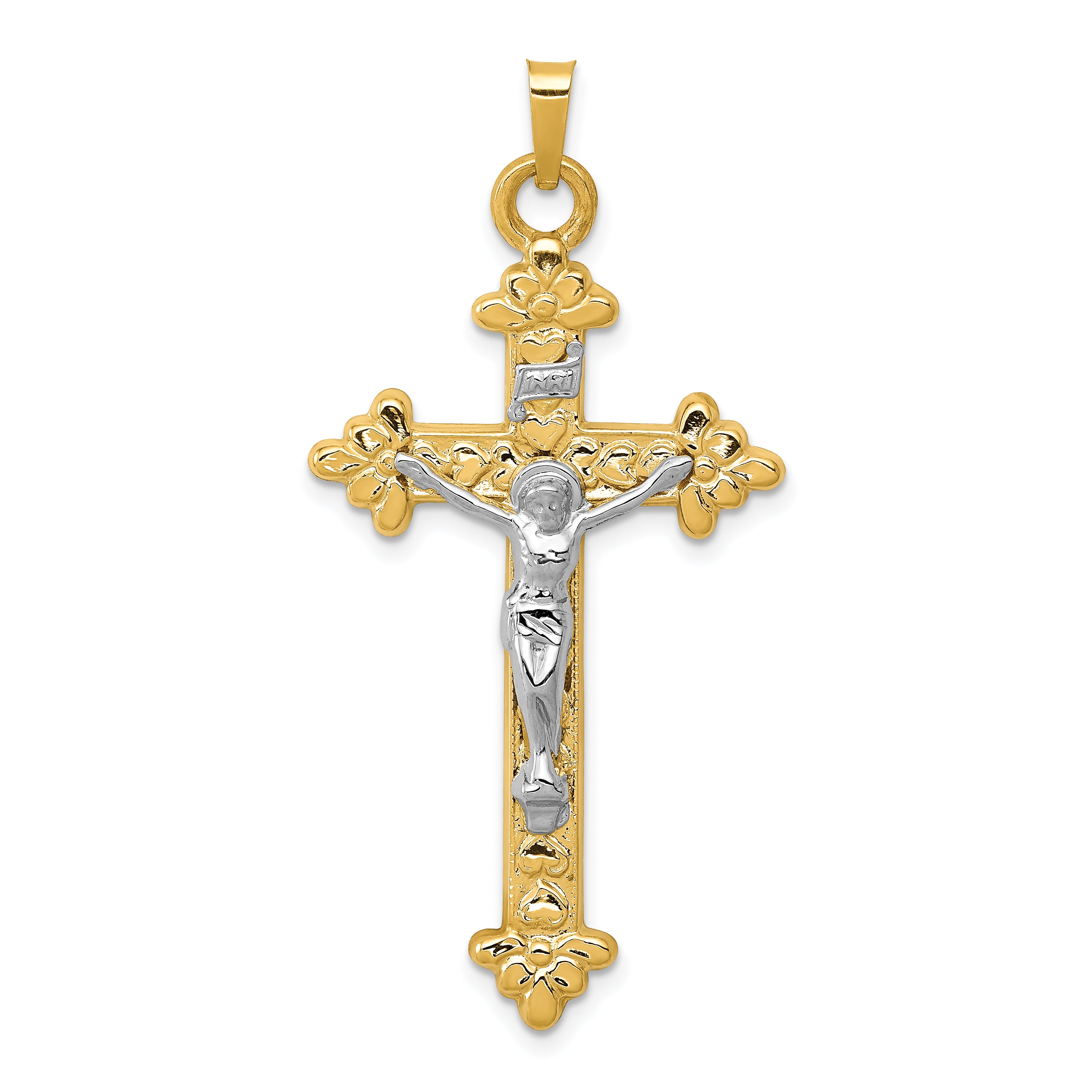 14k Two-tone INRI Hollow Crucifix Pendant