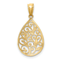 14K Gold Polished & Textured Small Filigree Teardrop Pendant