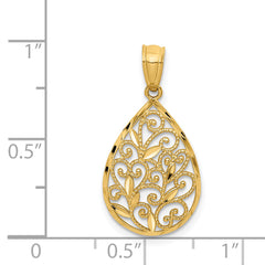 14K Gold Polished & Textured Small Filigree Teardrop Pendant