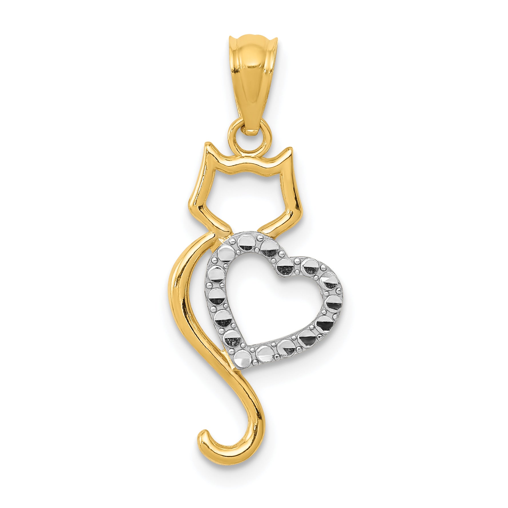 14k Rhodium-Plated Polished Cat w/Heart Pendant