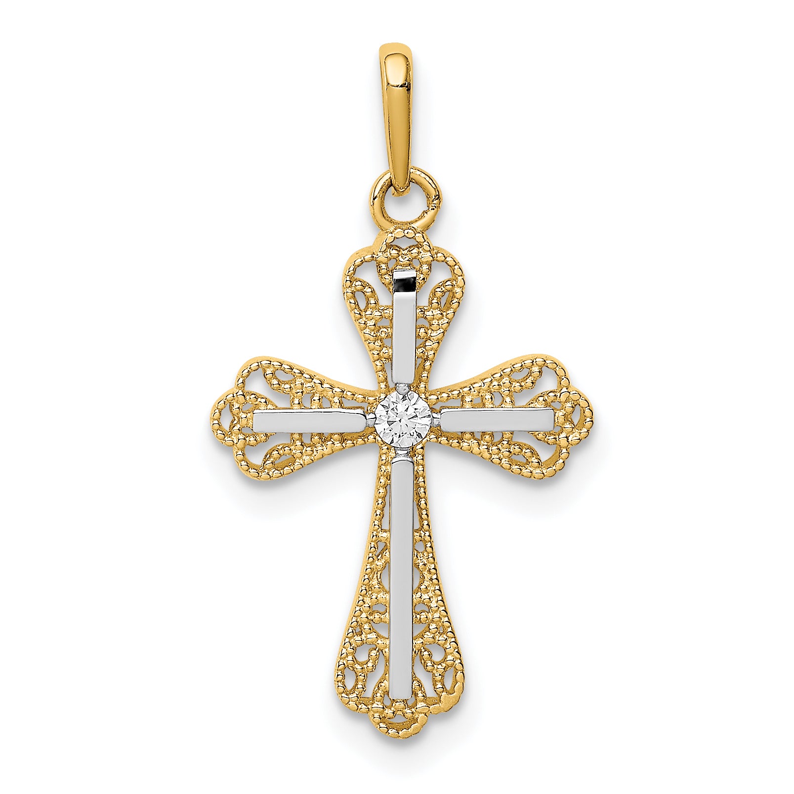 14K w/White Rhodium CZ Cross Pendant
