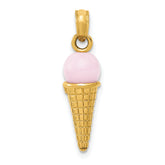 14K Satin Polished 3D Pink Quartz Ice Cream Cone Charm