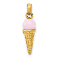14K Satin Polished 3D Pink Quartz Ice Cream Cone Charm