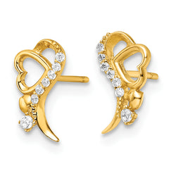 14k Yellow Gold Polished CZ and Heart Post Earrings
