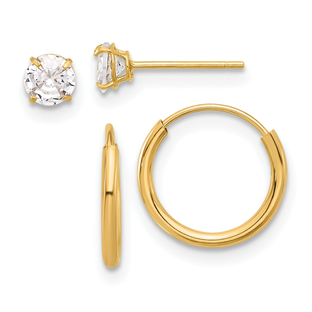 14K Polished CZ Studs and Small Endless Hoop Earring Set
