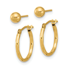 14K Polished 4mm Ball and Twisted Hoop Earring Set