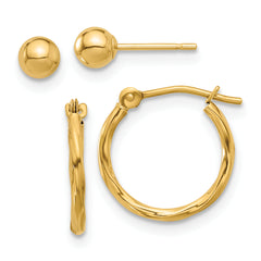 14K Polished 4mm Ball and Twisted Hoop Earring Set
