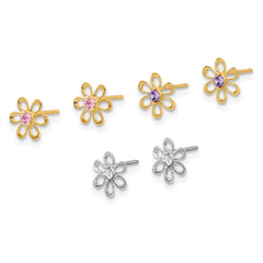 14K Yellow and White Gold Multi-color CZ Flower Post Earring Set