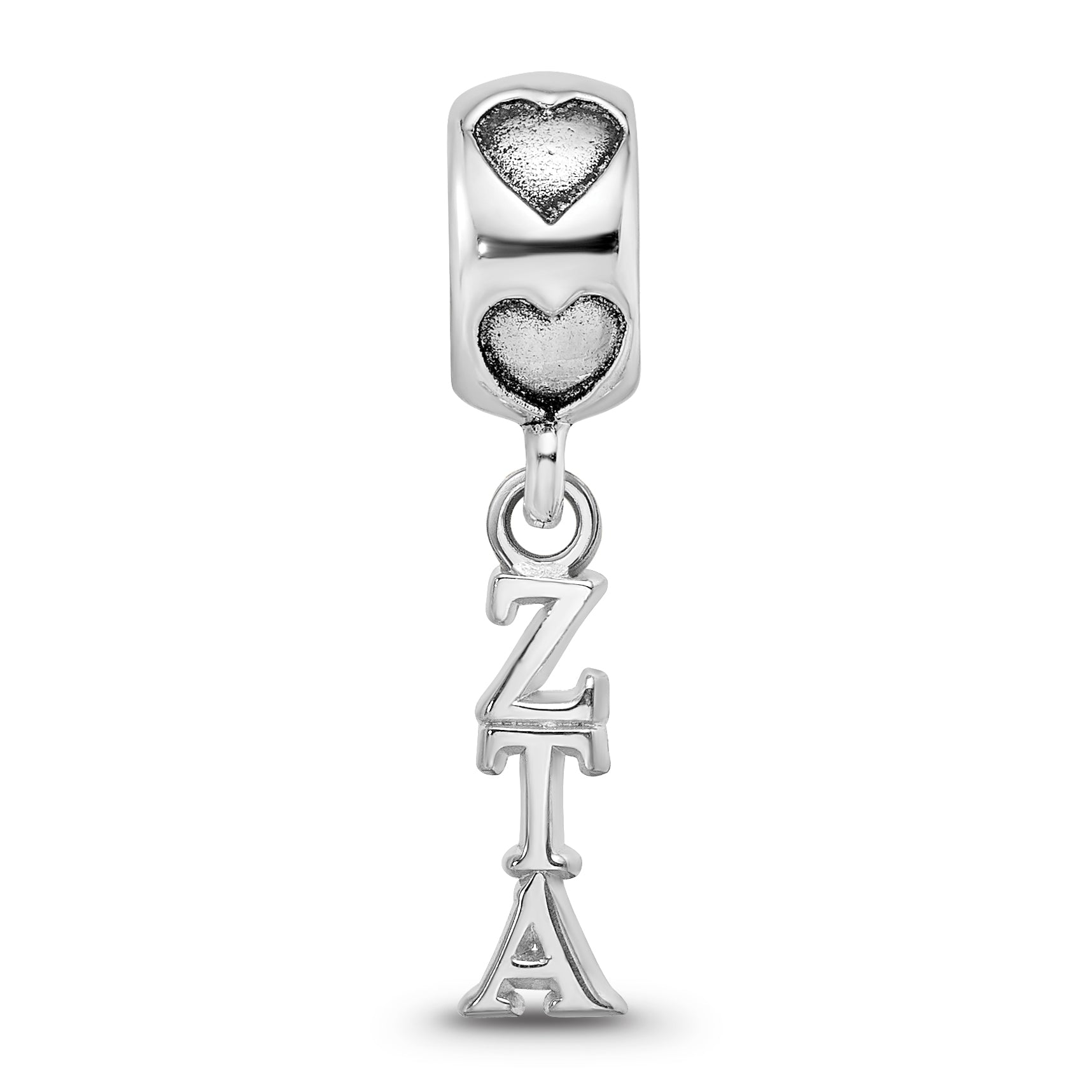 Sterling Silver RH-plate LogoArt Zeta Tau Alpha Vertical Letters on Heart B