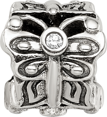 Sterling Silver 925 Butterfly Bead with CZ Accent Antiqued Finish