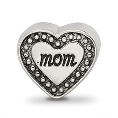 Sterling Silver 925 Antiqued Mom Heart Bead Solid Casted for Charm Bracelets
