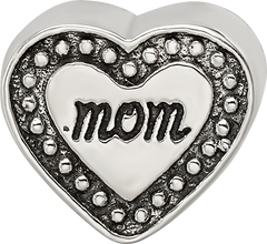 Sterling Silver 925 Antiqued Mom Heart Bead Solid Casted for Charm Bracelets