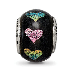 Sterling Silver 925 Dichroic Glass Bead with Pink/Purple Hearts Elegant & Polished Charm