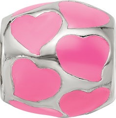 Sterling Silver 925 Pink Enameled Hearts Bead with Antiqued Finish