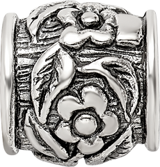 Sterling Silver 925 Antiqued Floral Bead with Solid Casted Design