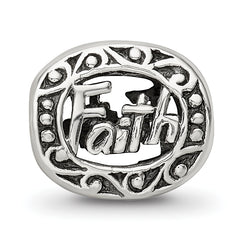 Sterling Silver 925 Faith Bead with Antiqued Finish Solid Themed Design