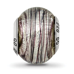 Sterling Silver Murano Glass Bead with Purple Stripes Elegant, Handcrafted Italian Design