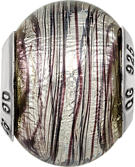 Sterling Silver Murano Glass Bead with Purple Stripes Elegant, Handcrafted Italian Design