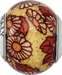 **Sterling Silver 925 Italian Floral Glass Bead with Polished Overlay Design**