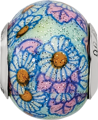 Sterling Silver 925 Blue Floral Glass Bead with Polished Overlay, Elegant Artistry