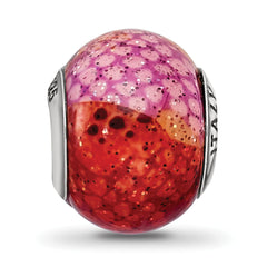Sterling Silver Python Glass Bead with Italian Pink & Orange Design, Polished Finish