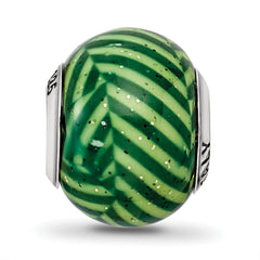 **Sterling Silver 925 Glass Bead with Polished Green Stripes and Glitter Italian Style Elegance**