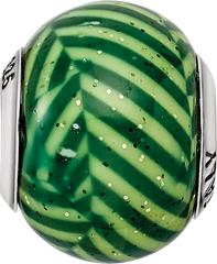 **Sterling Silver 925 Glass Bead with Polished Green Stripes and Glitter Italian Style Elegance**