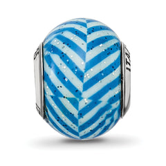 Sterling Silver 925 Blue Striped Glass Bead with Glitter Detailing Italian Elegance