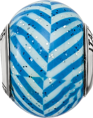 Sterling Silver 925 Blue Striped Glass Bead with Glitter Detailing Italian Elegance