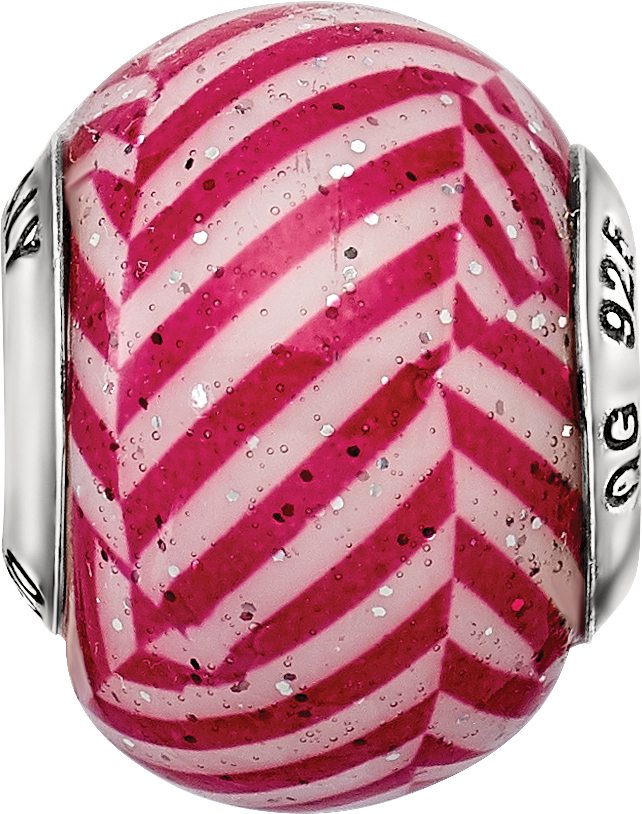 Sterling Silver Reflections Italian Pink Stripes w/Glitter Glass Bead