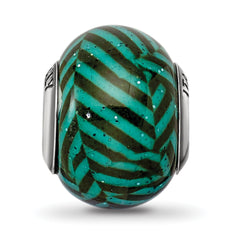 Sterling Silver 925 Polished Glass Bead with Teal Stripes and Glitter