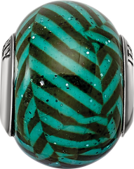 Sterling Silver 925 Polished Glass Bead with Teal Stripes and Glitter