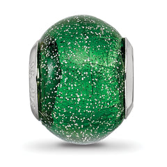 Sterling Silver 925 Green Glitter Glass Bead with Polished Finish