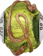 Sterling Silver 925 Glass Bead with Textured Light Green Design Polished Finish