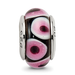 Sterling Silver 925 Antiqued Glass Bead in Black and Pink Hand-Blown Design