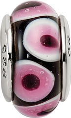 Sterling Silver 925 Antiqued Glass Bead in Black and Pink Hand-Blown Design