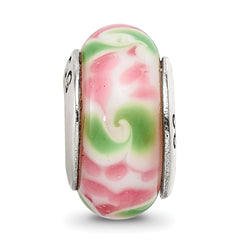 Sophia Jewelers Sterling Silver Glass Bead with Hand-Blown Pink/Green Design