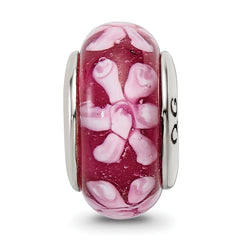 Sterling Silver 925 Hand-Blown Glass Bead with Purple Floral Design