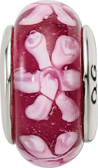 Sterling Silver 925 Hand-Blown Glass Bead with Purple Floral Design