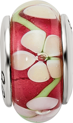 Sterling Silver 925 Red Floral Hand-Blown Glass Bead with Antiqued Finish