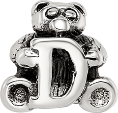 Sterling Silver 925 Kids Letter D Bead with Antiqued Polished Finish