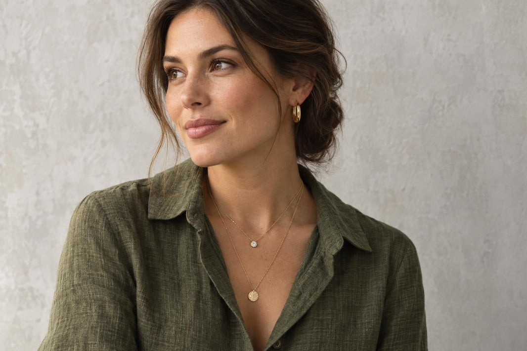 single model campaign shot, one woman alone in frame, three-quarter turn, shoulders-to-mid-chest crop