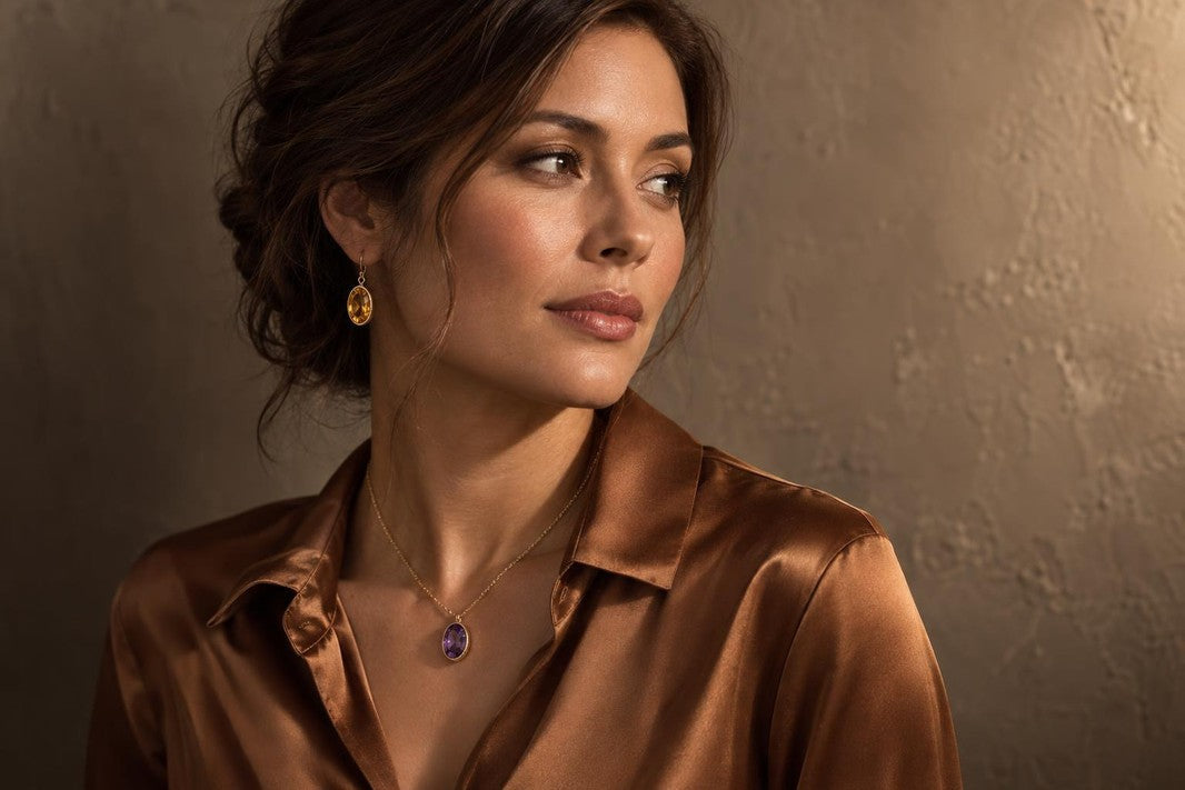 single model campaign shot, one woman alone in frame, three-quarter turn, shoulders-to-mid-chest crop