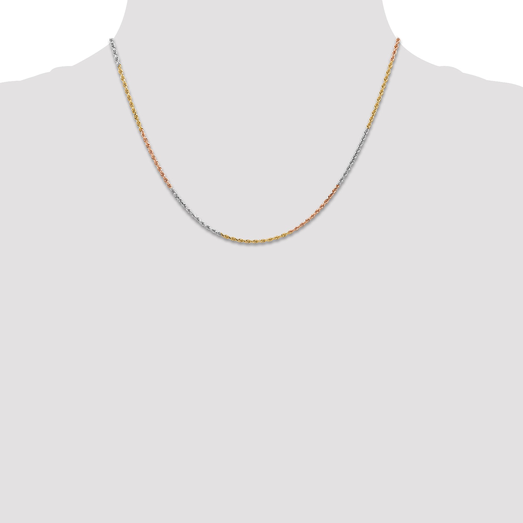 14K Tri-colored 18 inch 1.5mm Diamond-cut Rope with Lobster Clasp Chain