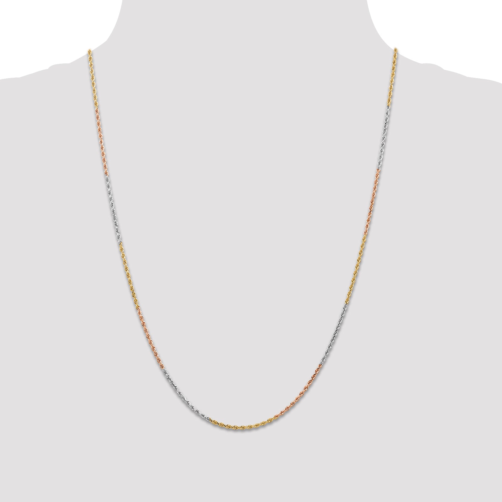 14K Tri-colored 24 inch 1.5mm Diamond-cut Rope with Lobster Clasp Chain