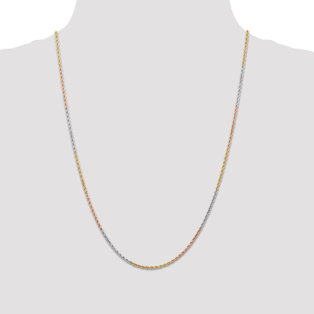 14K Tri-colored 24 inch 1.5mm Diamond-cut Rope with Lobster Clasp Chain
