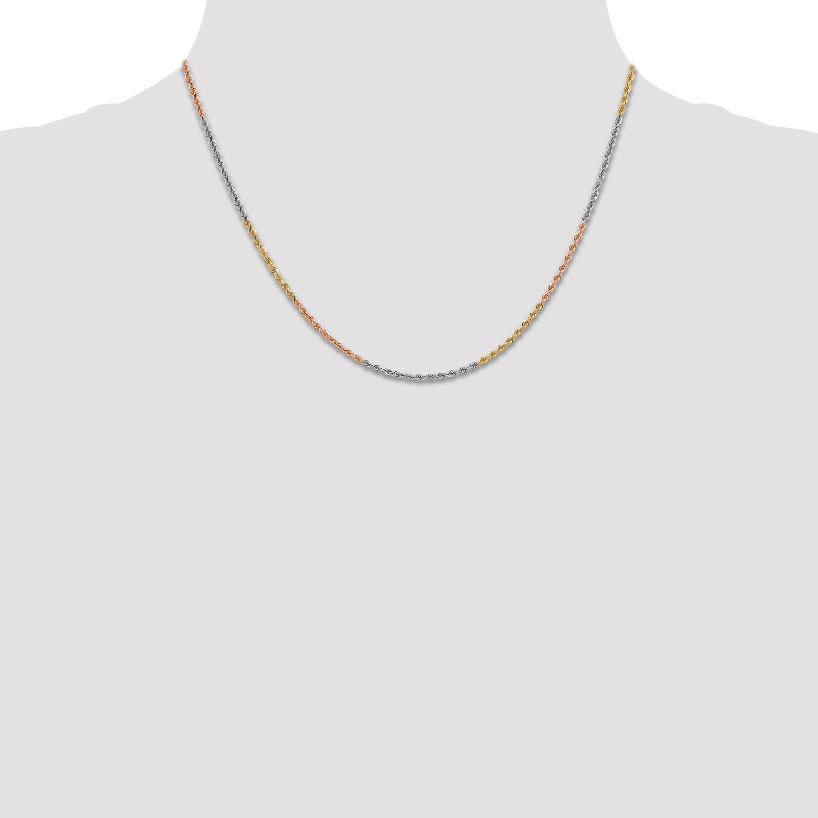 14K Tri-colored 18 inch 1.75mm Diamond-cut Rope with Lobster Clasp Chain