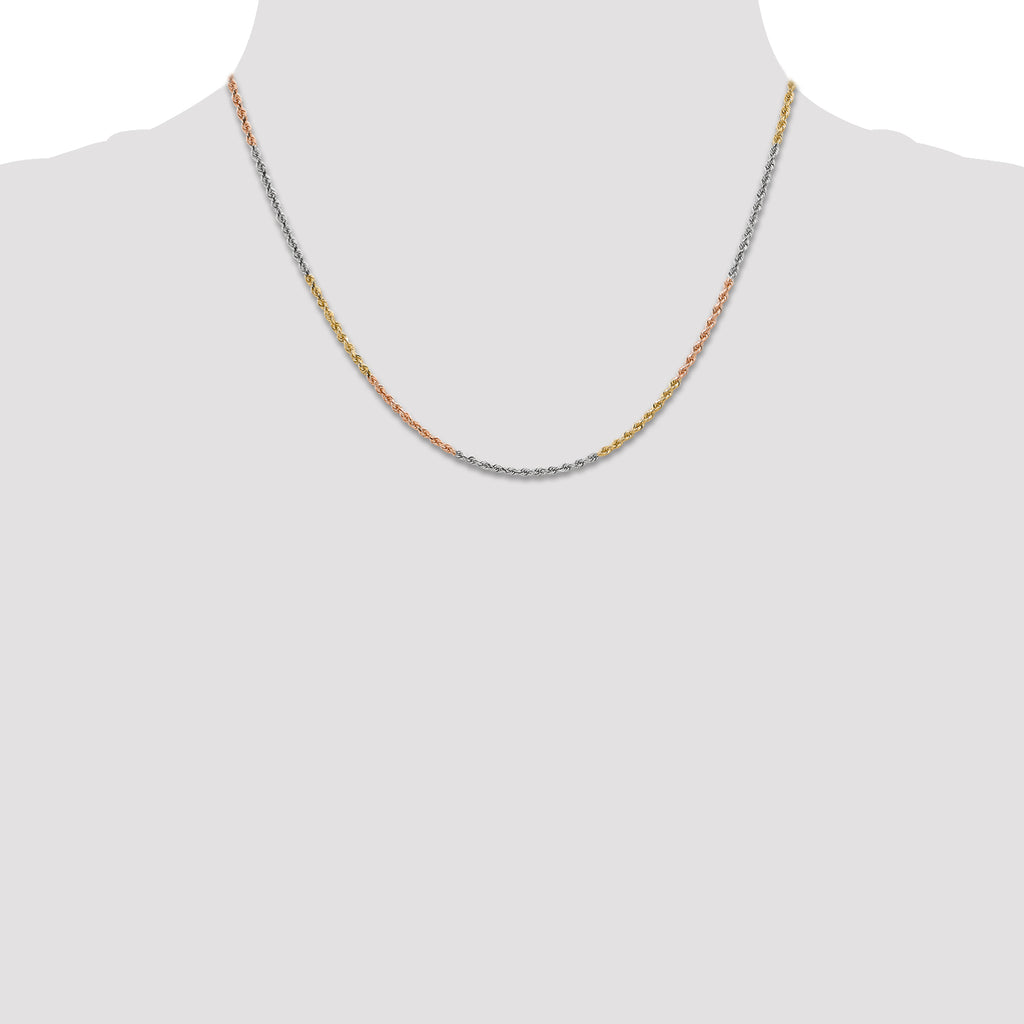 14K Tri-colored 18 inch 1.75mm Diamond-cut Rope with Lobster Clasp Chain