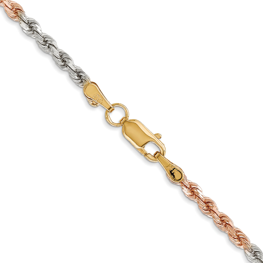 14K Tri-colored 24 inch 2.9mm Diamond-cut Rope with Lobster Clasp Chain